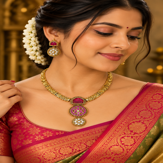 Gold-plated Red kempu Stone Short Kanti - Image 4