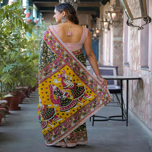 Dark Green Cotton Printed Saree - Image 4