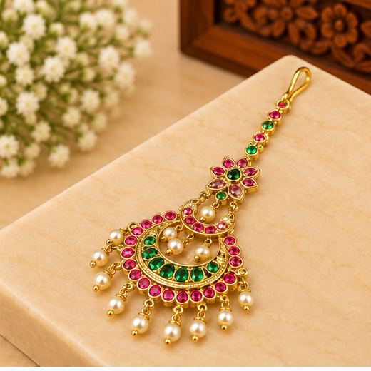 Jadau Kundan Finishing Floral design With Pearls Maang Tikka - Image 2