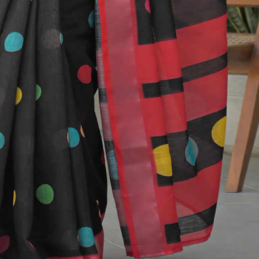 Black Linen Printed Saree - Image 3