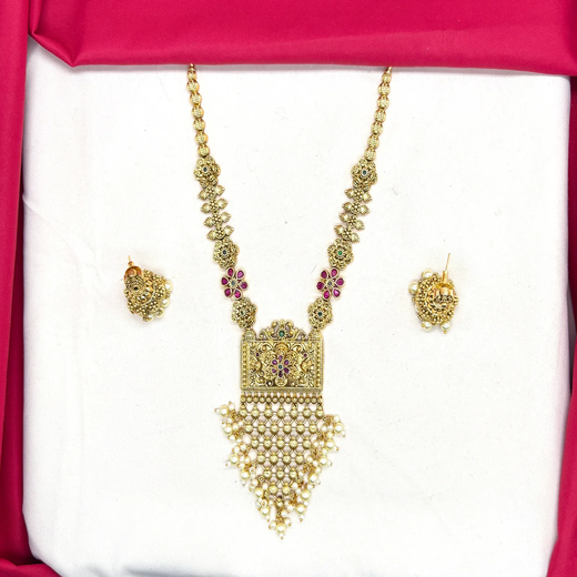 Premium Nakshi finishing floral design with with Beautifully finish white pearls Short Necklace - Image 2