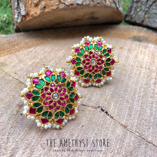 Gold-plated flower design green & pink stones faux pearl drops - Image 4