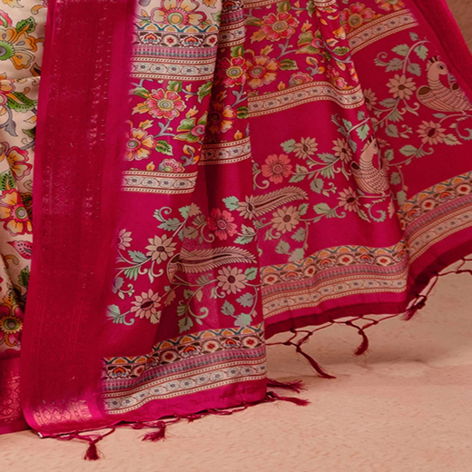 Beige Silk Kalamkari Printed Woven Border Saree - Image 3