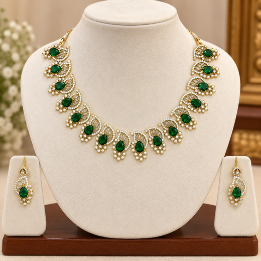 Matte finishing American diamond and Green stone short Necklace