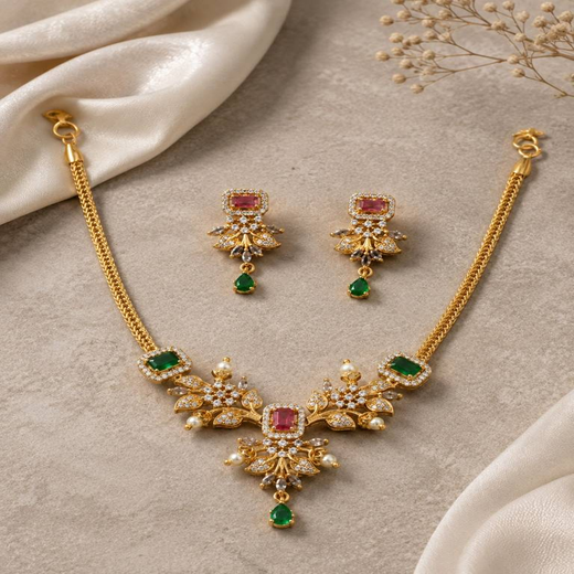 American Diamond Zirconia Multi-stone Studded Floral Short Necklace - Image 3
