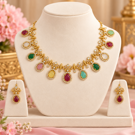 Matte finishing American Diamond with Multi-colour Stone Short Necklace