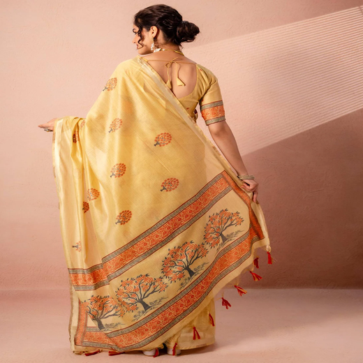 Mustard Yellow Chanderi Cotton Woven Saree - Image 4