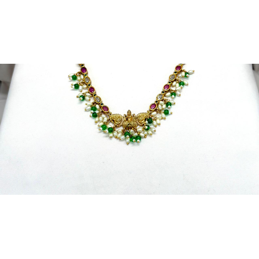 Matte finishing with Green Stones Lord Lakshmi Short Necklace - Image 2