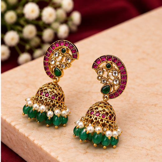 Jadau Kundan with Green Beads Jhumkas Earring - Image 2