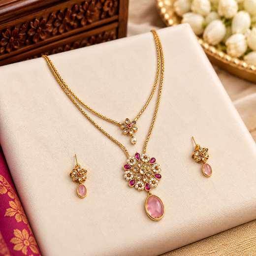 Matte finishing Flower design with pink Short Necklace - Image 3