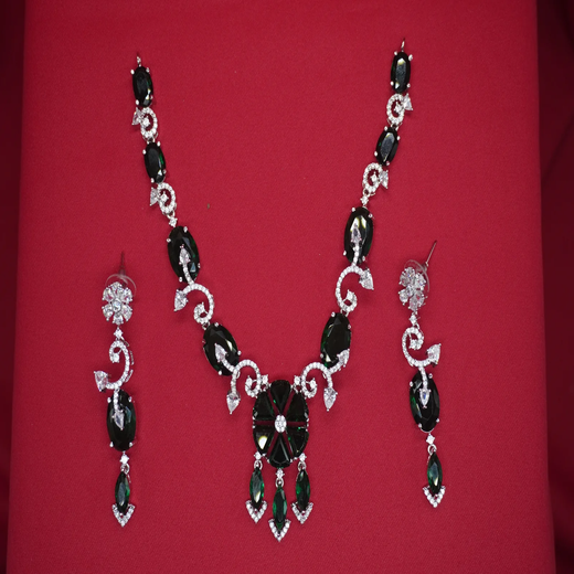 Silver Short Necklace with Green Stones | Artificial Jewellery