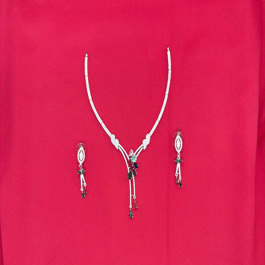 Silver American Diamonds stones deep Multi teardrop and floral-shaped stones Short Necklace