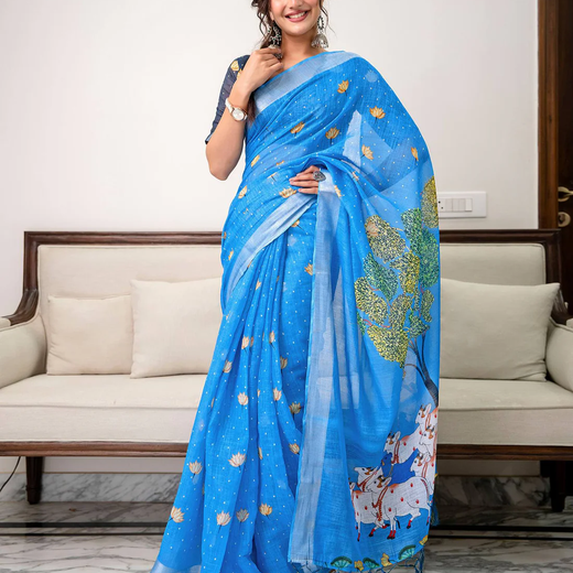 Sky Blue Linen Printed Saree