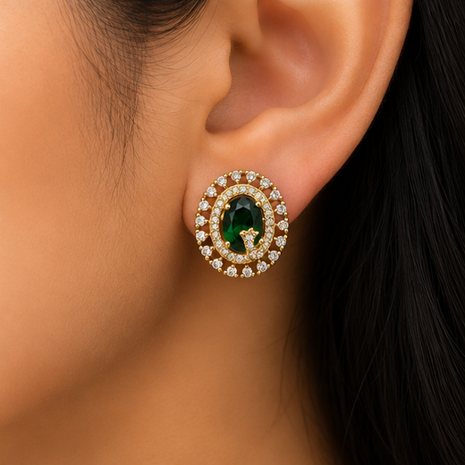 Victorian Finish American Diamonds With Green Stone Stud Earring - Image 4