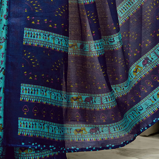 Turquoise Khadi Printed Saree - Image 3