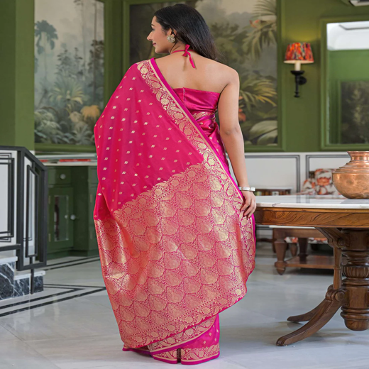 Dark Pink Silk Woven Banarasi Saree - Image 4