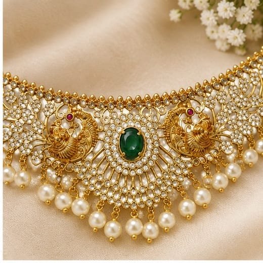 Matte finishing leaf peacock design with Green stone (choker)Necklace - Image 2