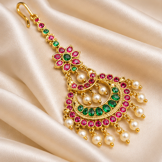 Jadau Kundan Finishing Floral design With Pearls Maang Tikka - Image 3
