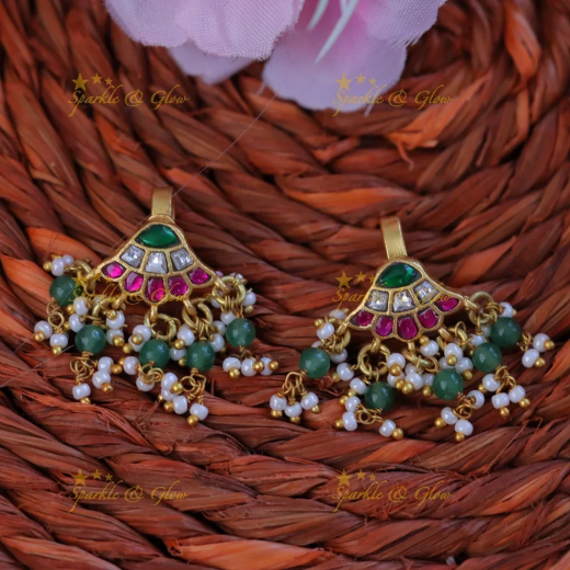 Jadau Kundan with white pearls and green drop Earring - Image 3