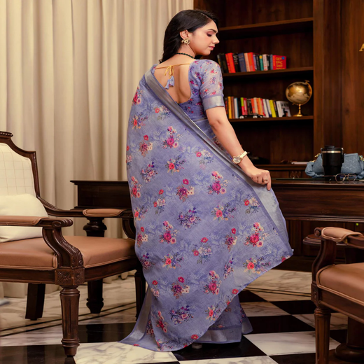 Ready To Wear Lavender Linen Woven Border Floral Printed Saree - Image 4