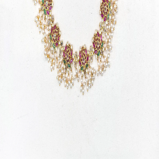 Beautifully designed with Lotus flowers and Guttapusalu clustered pearls Short Haram - Image 2