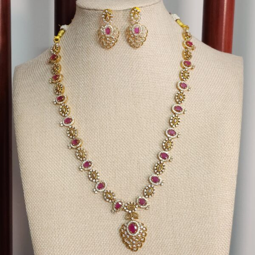 Matte finishing Pink Leaf Designed with stones Long Necklace - Image 4