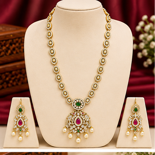 Matte finishing white stones pearls with Elephant design Long Haram