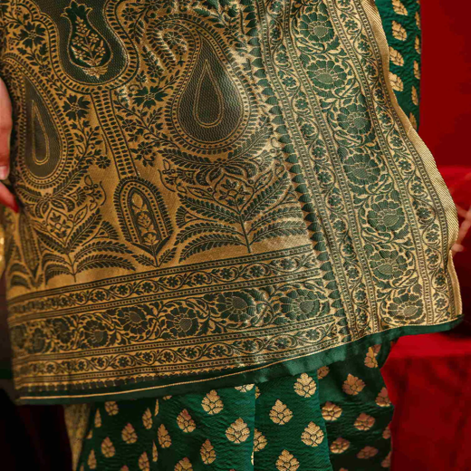 Dark Green Silk Woven Banarasi Saree - Image 2