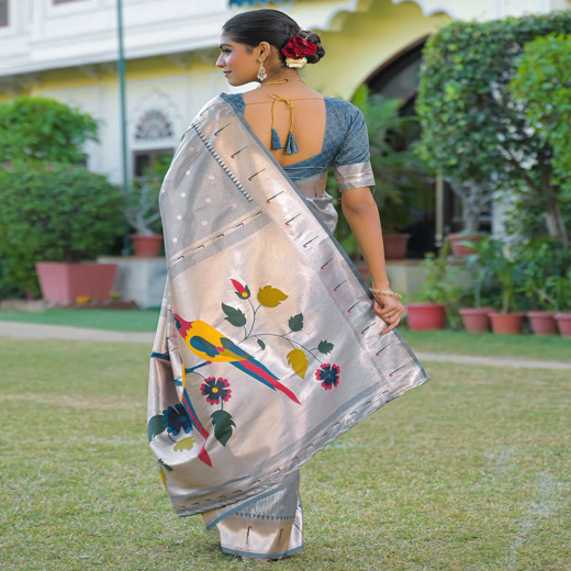 Dusty Blue Silk Woven Paithani Saree - Image 4