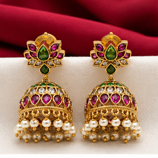 Matte Finishing Floral Design With Green & Pink Stones Jhumkas Earring