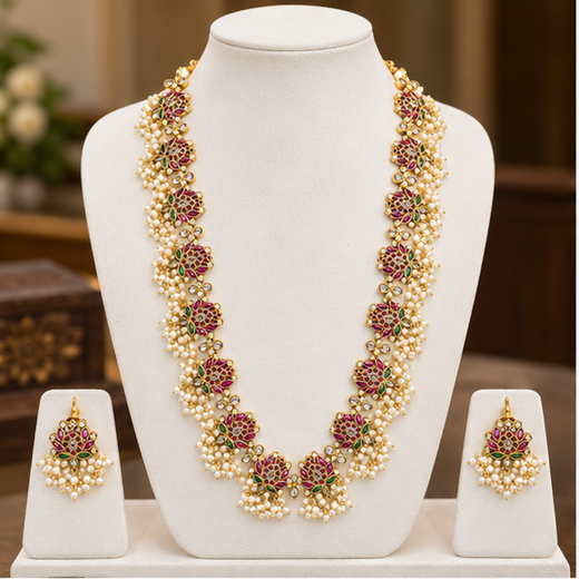 Beautifully designed with Lotus flowers and Guttapusalu clustered pearls Long Haram Necklace