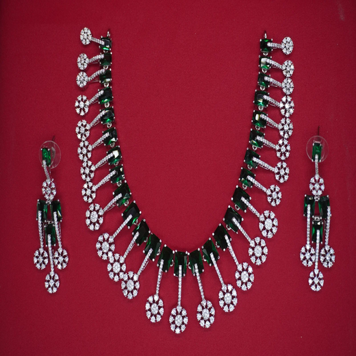 Silver Short Necklace with Green Stones | Artificial Jewellery