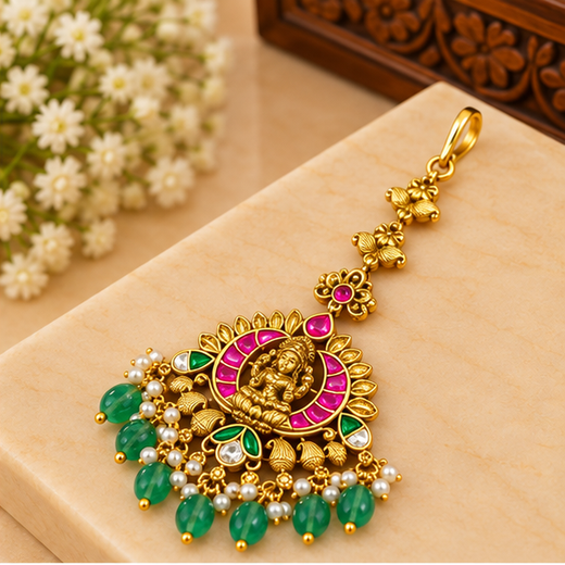Jadau Kundan Finishing Lord Lakshmi Design Green Beads Maang Tikka - Image 2