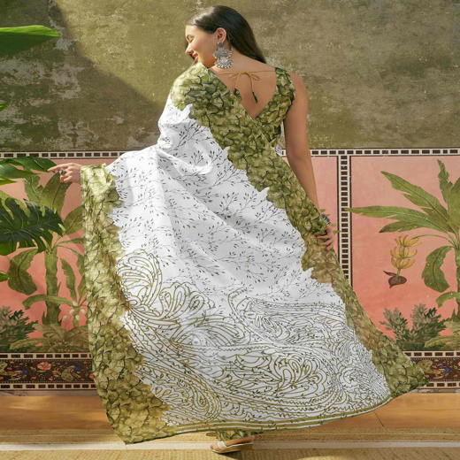 Off White Khadi Printed Saree - Image 4