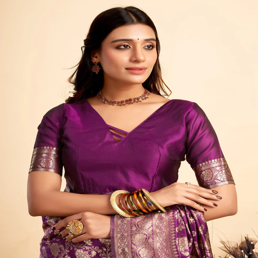 Dark Purple Woven Banarasi Silk Saree - Image 3