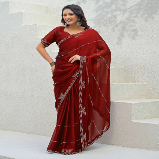 Maroon Silk Stone Work Swarovski Saree