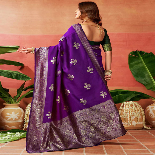 Dark Purple Silk Woven Banarasi Saree - Image 4