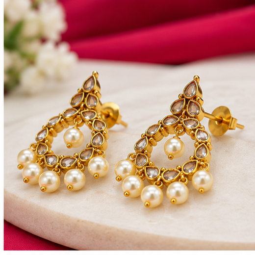 Matte Finishing Ad Stone Pearls Chandbali Earrings. - Image 2