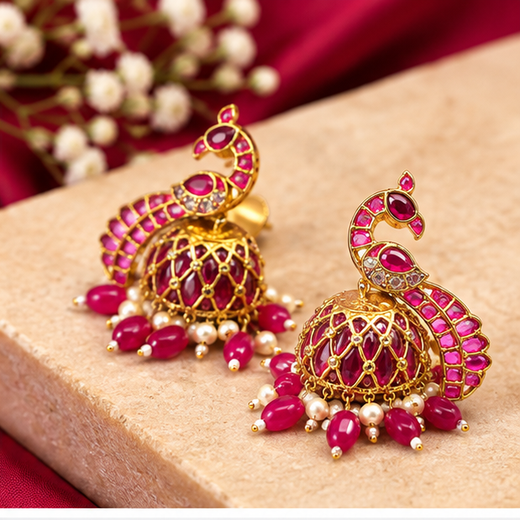 Matte Finishing Peacock-Inspired Pink Gemstones And Pearl Drops Jhumka’s - Image 2