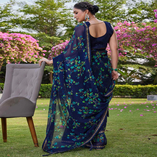 Navy Blue Chiffon Floral Printed Saree - Image 4