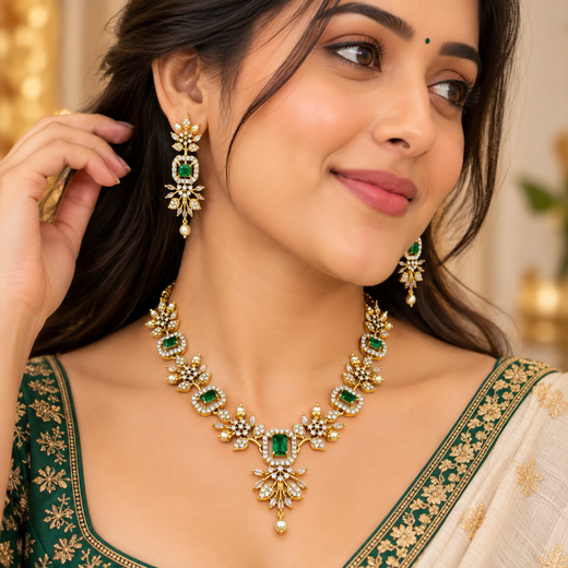 Gold Short Necklace with Multi-Coloured Stones | Artificial Jewellery - Image 4