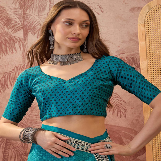 Teal Blue Crepe Silk Printed Saree - Image 2