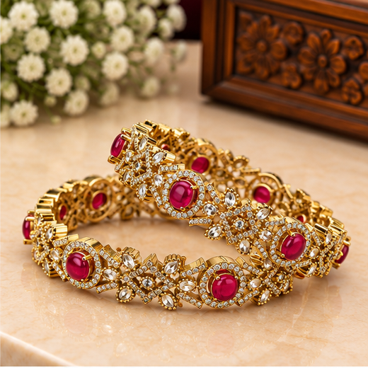 Victorian Finishing Beautifully Designed Floral With Red Stones Bangle - Image 2