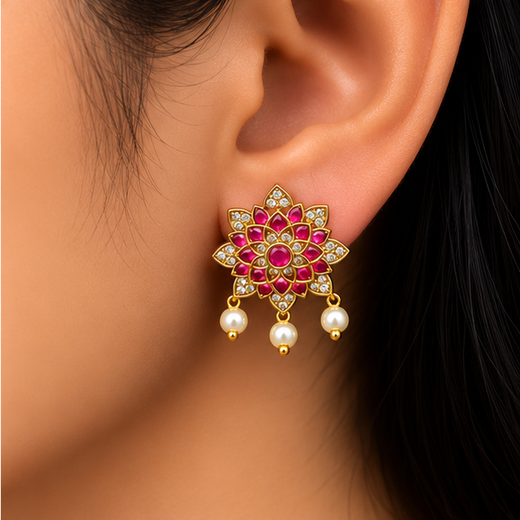 Gold-tone pink-white jadau kundan lotus earring - Image 4