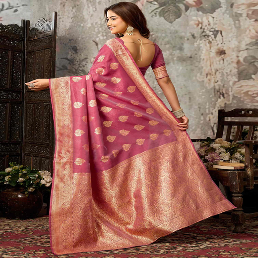 Dark Coral Pink Silk Woven Banarasi Saree - Image 4