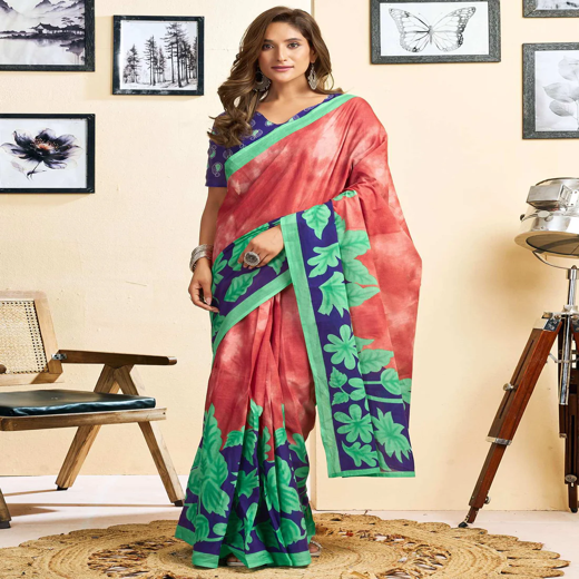 Ready To Wear Red Cotton Printed Saree With Pocket
