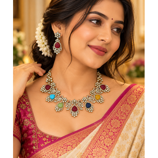 Victorian multi Navratan stones Short Necklace - Image 4