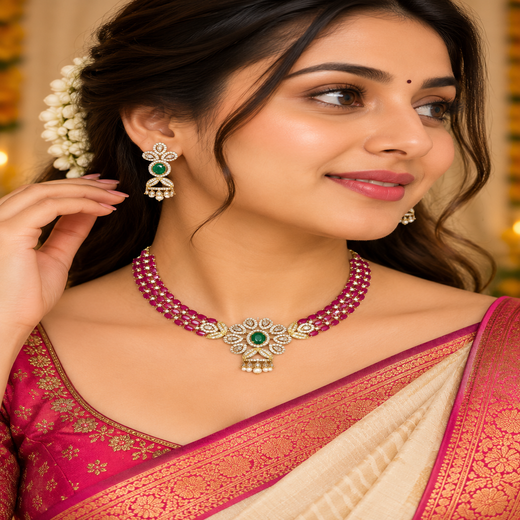 Cubic zirconia (American diamond) with pink & emerald-green stone Kanti - Image 4