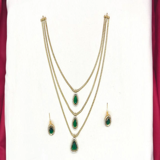 Premium Three layered AD Stones With Green stone Necklace