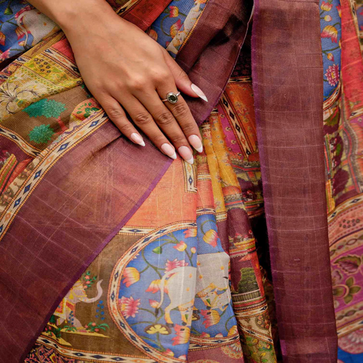 Multicoloured Shimmer Silk Printed Kalamkari Saree - Image 3